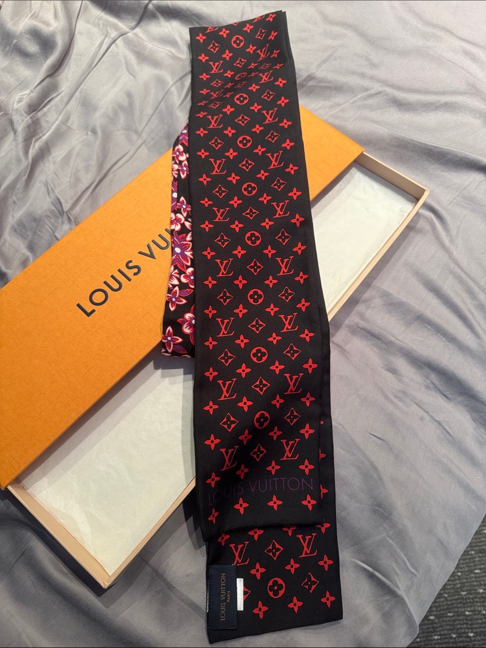 Louis Vuitton Black, Red & Pink Floral Silk Twilly Scarf - Picture 3 of 4